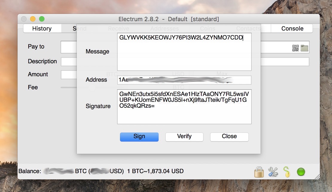 Signing the message with Bitcoin address' private key