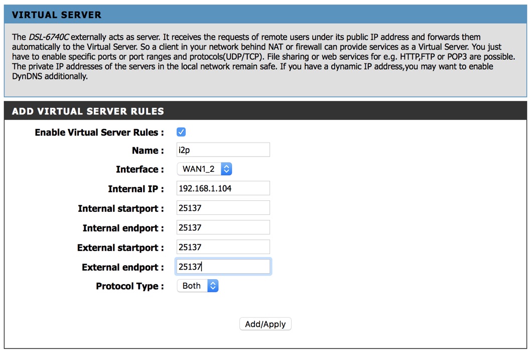 Virtual server settings of my router