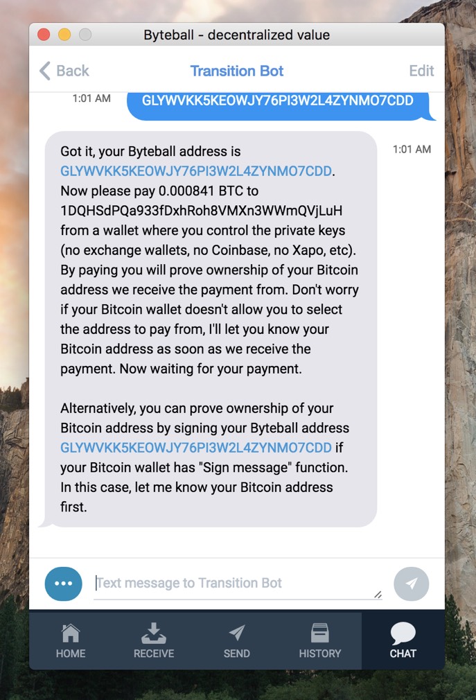 Transition Bot explaining how to prove ownership to Bitcoin address