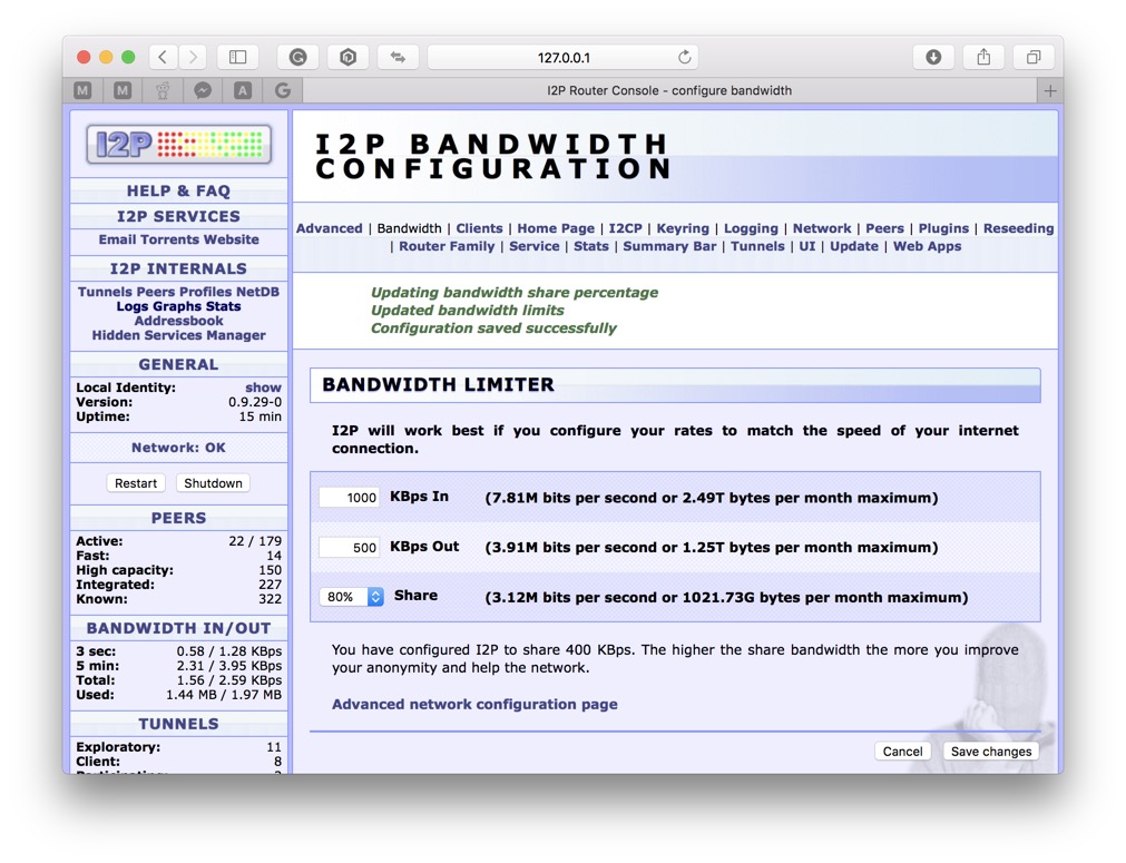 I2P Bandwidth Configuration